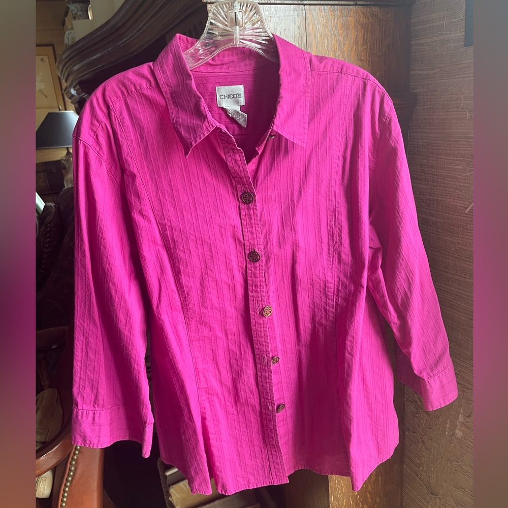 Chico's Vibrant Fuchsia Button-Down Shirt. Size 3.